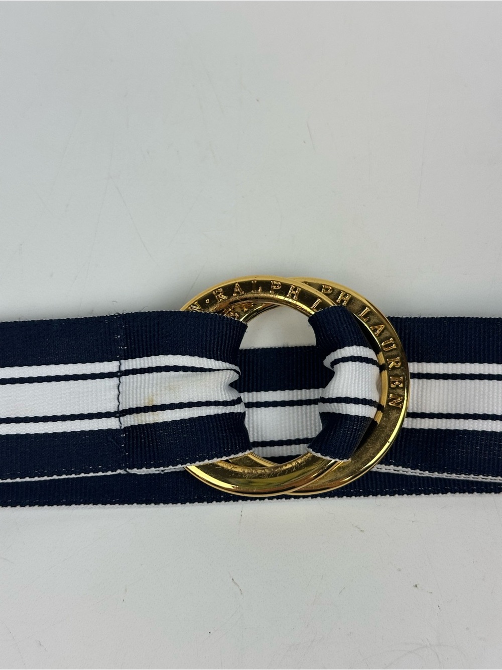 Lauren Ralph Lauren Navy and White Striped Ribbon Belt with Gold Ring - Picture 2 of 12